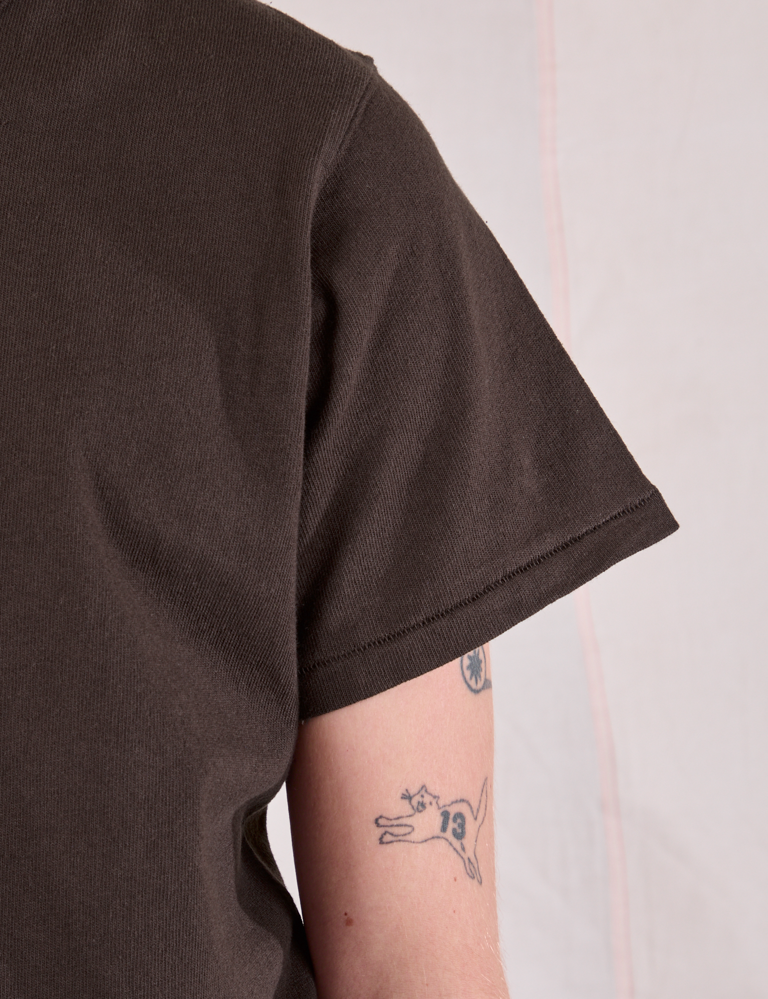 Burly Tee in Espresso Brown sleeve close up on Quinn