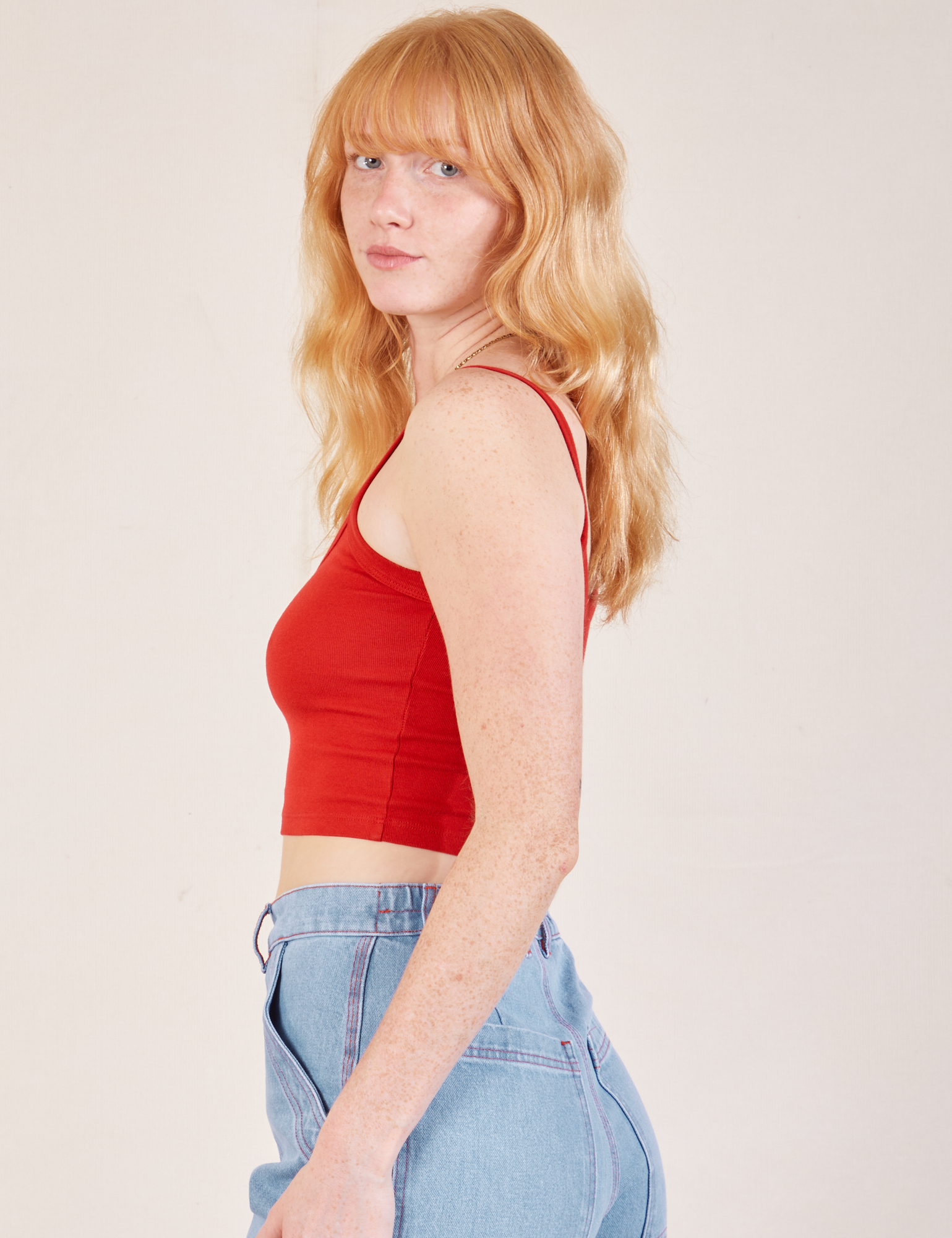 Cropped Cami in Mustang Red side view on Margaret