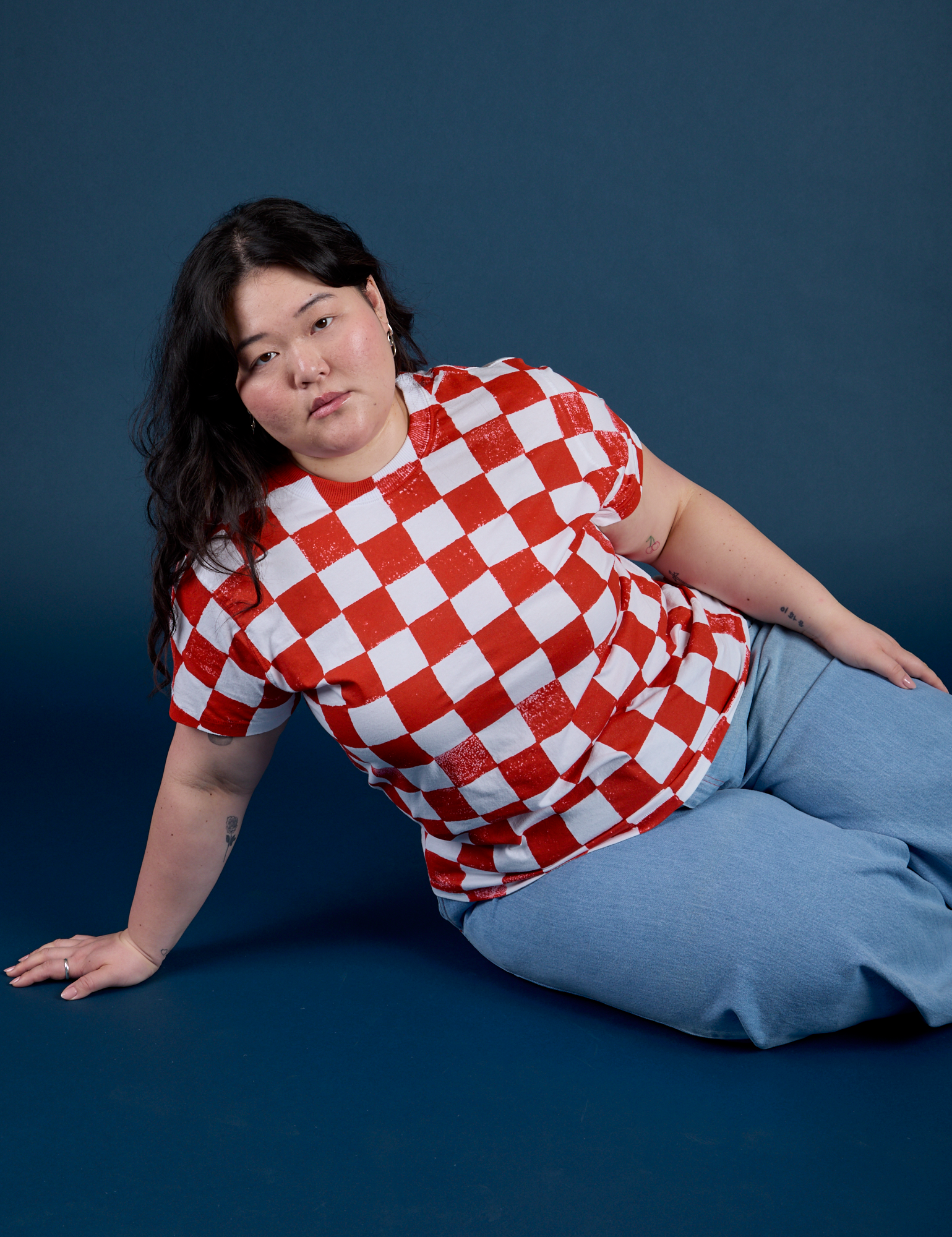 Checker Organic Tee in Red worn by Ashley