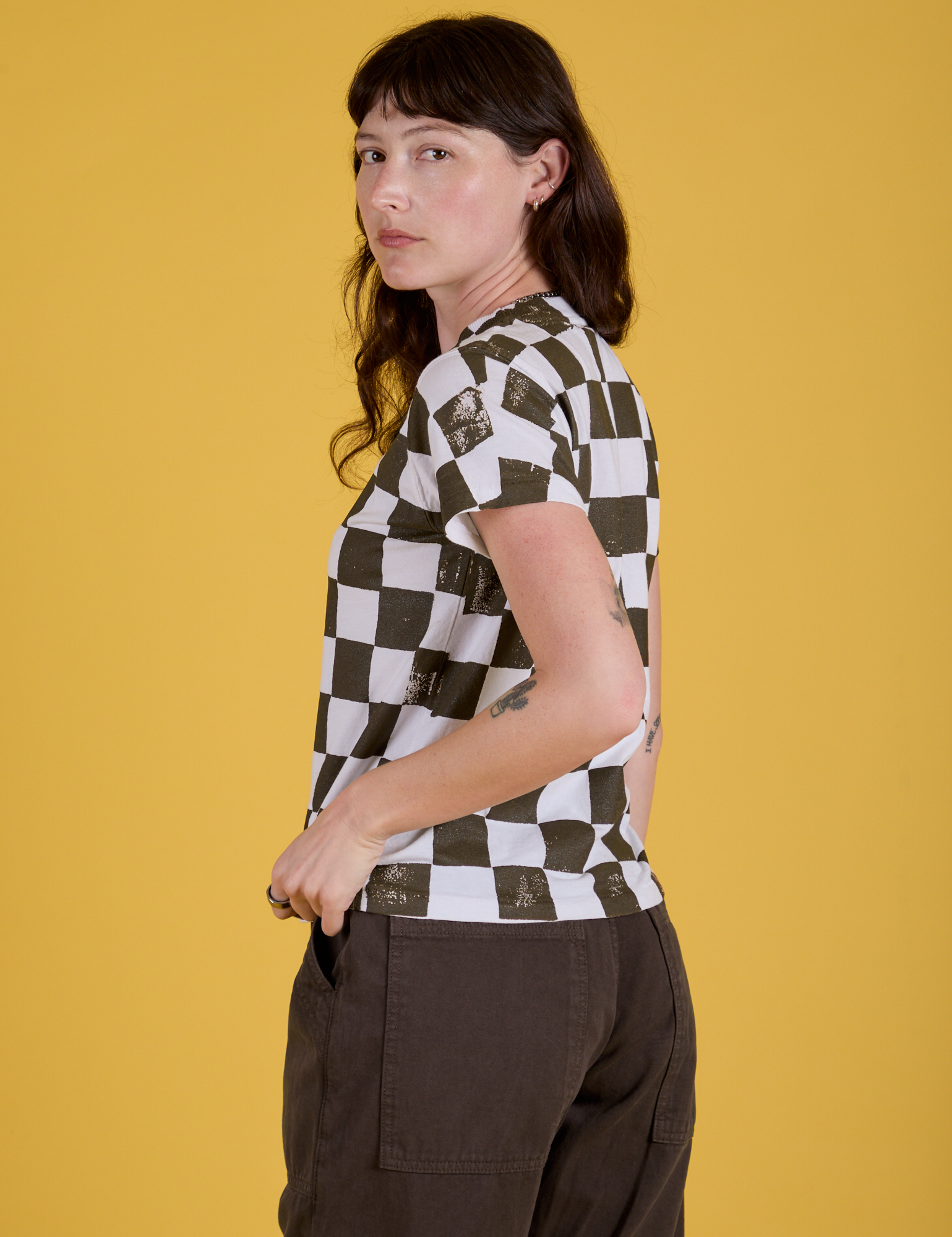 Checker Organic Tee in Espresso Brown side view on Alex