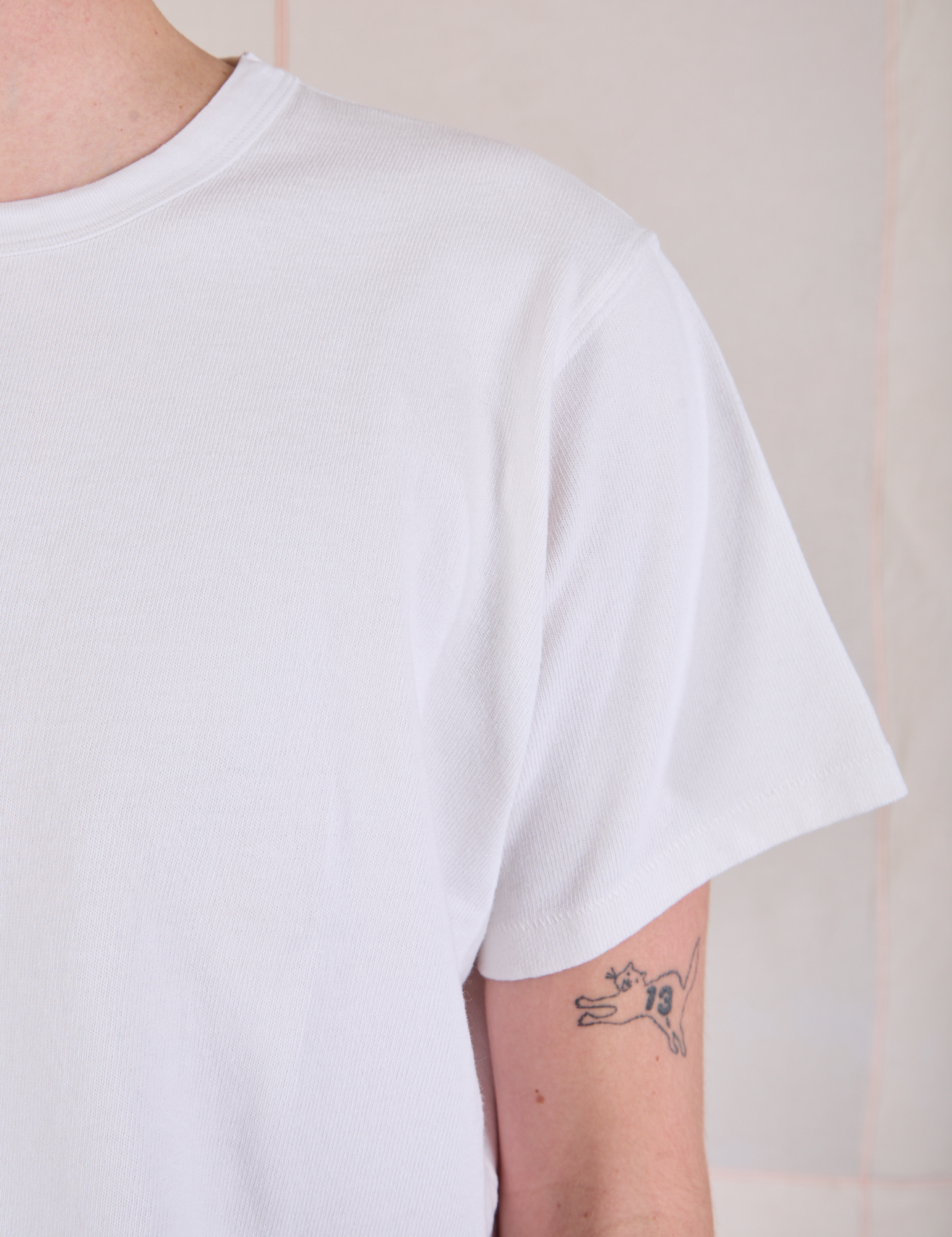 Cropped Burly Tee in Vintage Tee White sleeve close up on Quinn