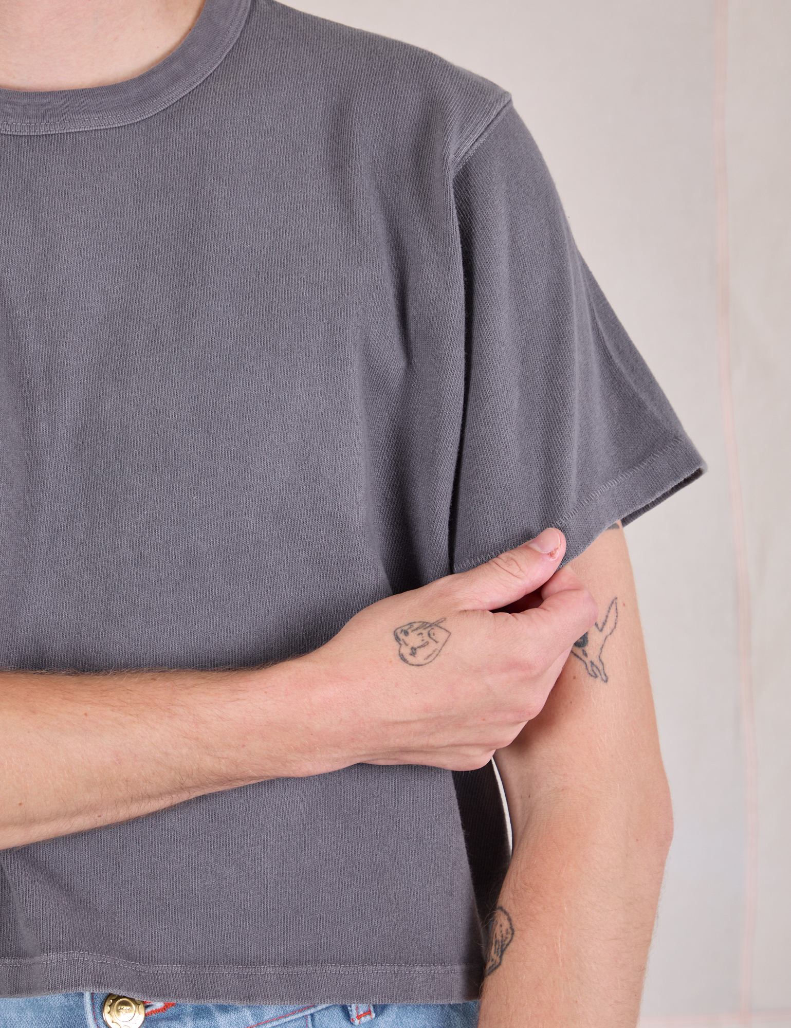 Cropped Burly Tee in Washed Grey front close up on Quinn