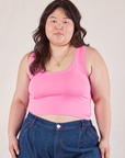 Ashley is 5'7" and wearing L Cropped Tank Top in Bubblegum Pink