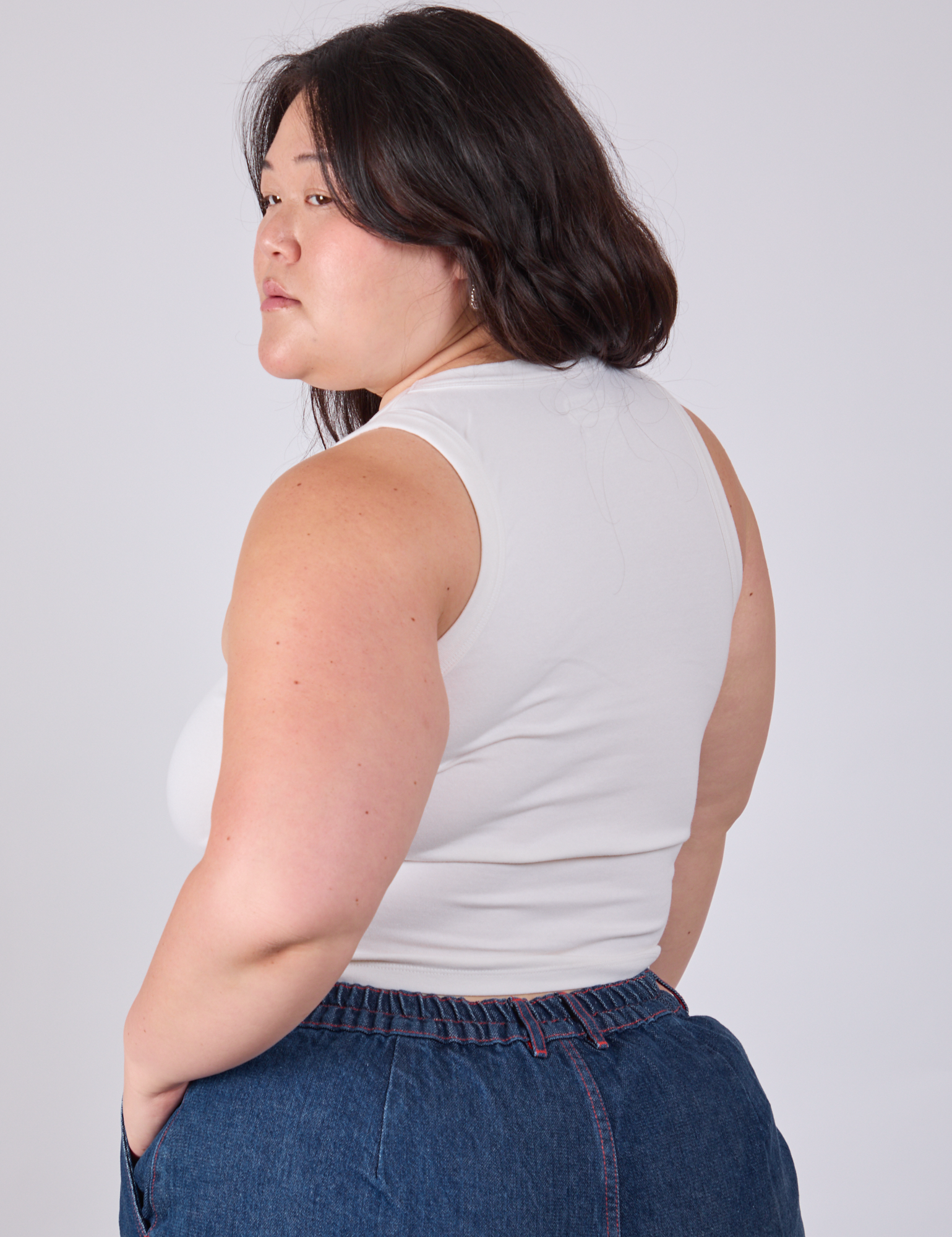 Cropped Tank Top in Vintage Tee White angled back view on Ashley