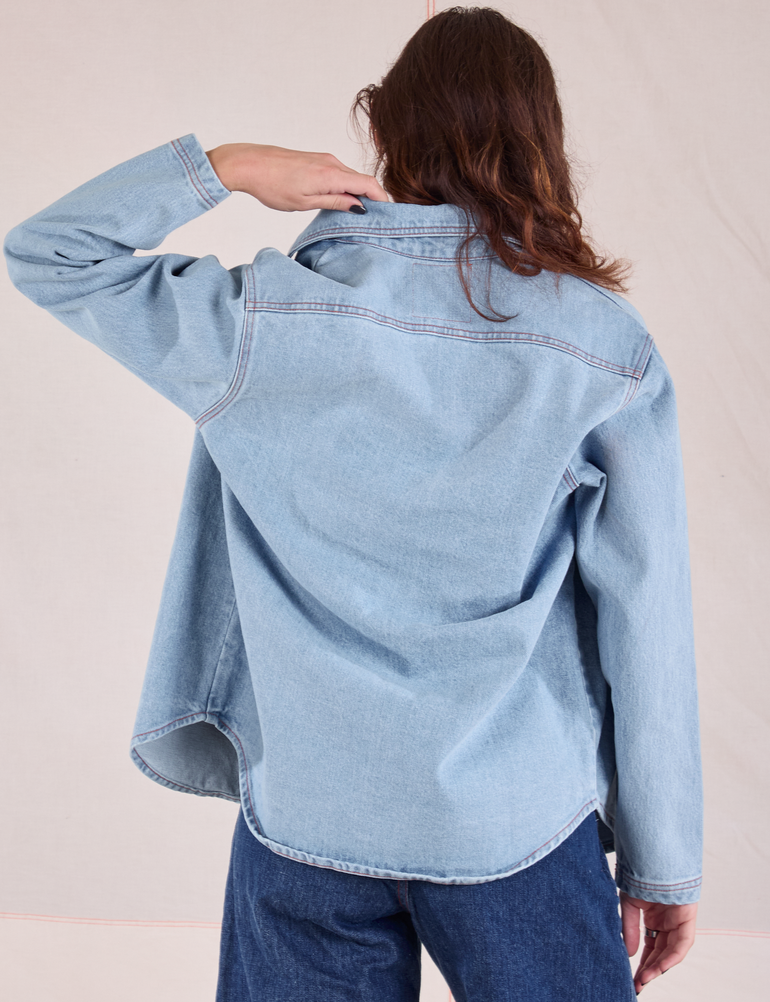 Back view of Denim Overshirt in Light Wash on Alex