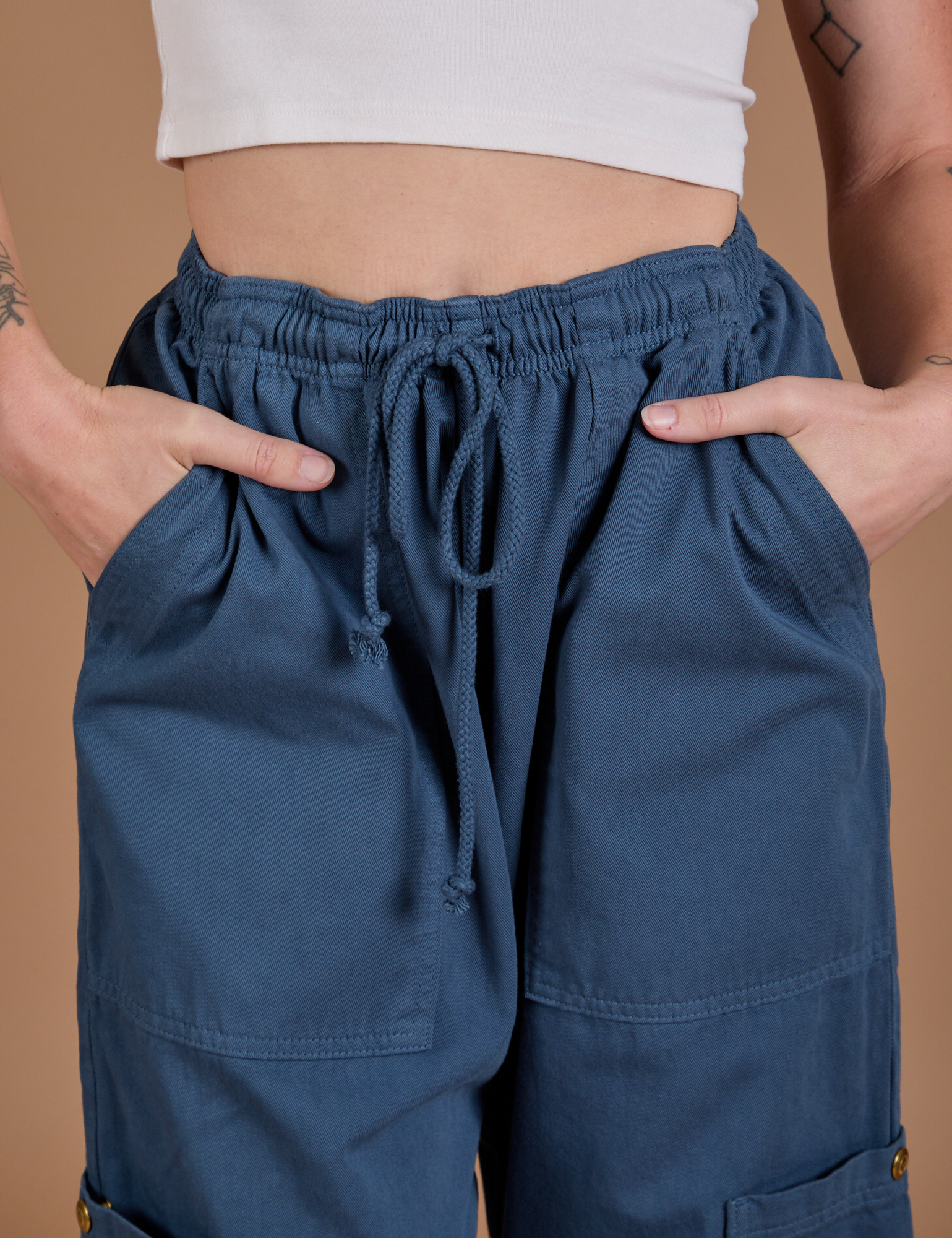 Drop Pocket Cargo Pants in French Blue front close up on Alex