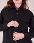 Flannel Overshirt in Basic Black front close up on Alex