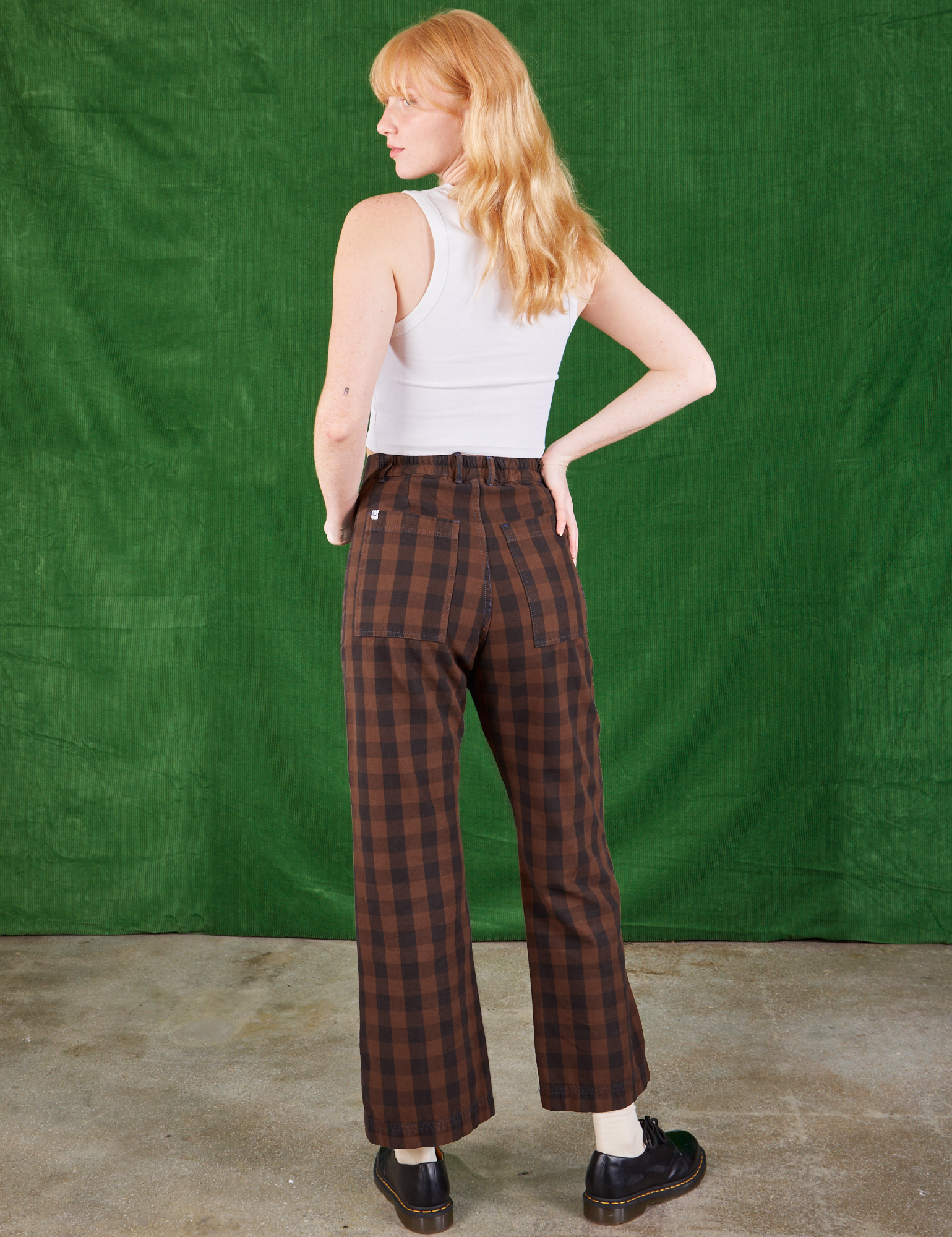 Back view of Gingham Western Pants in Fudge Brown and Cropped Tank in vintage tee off-white