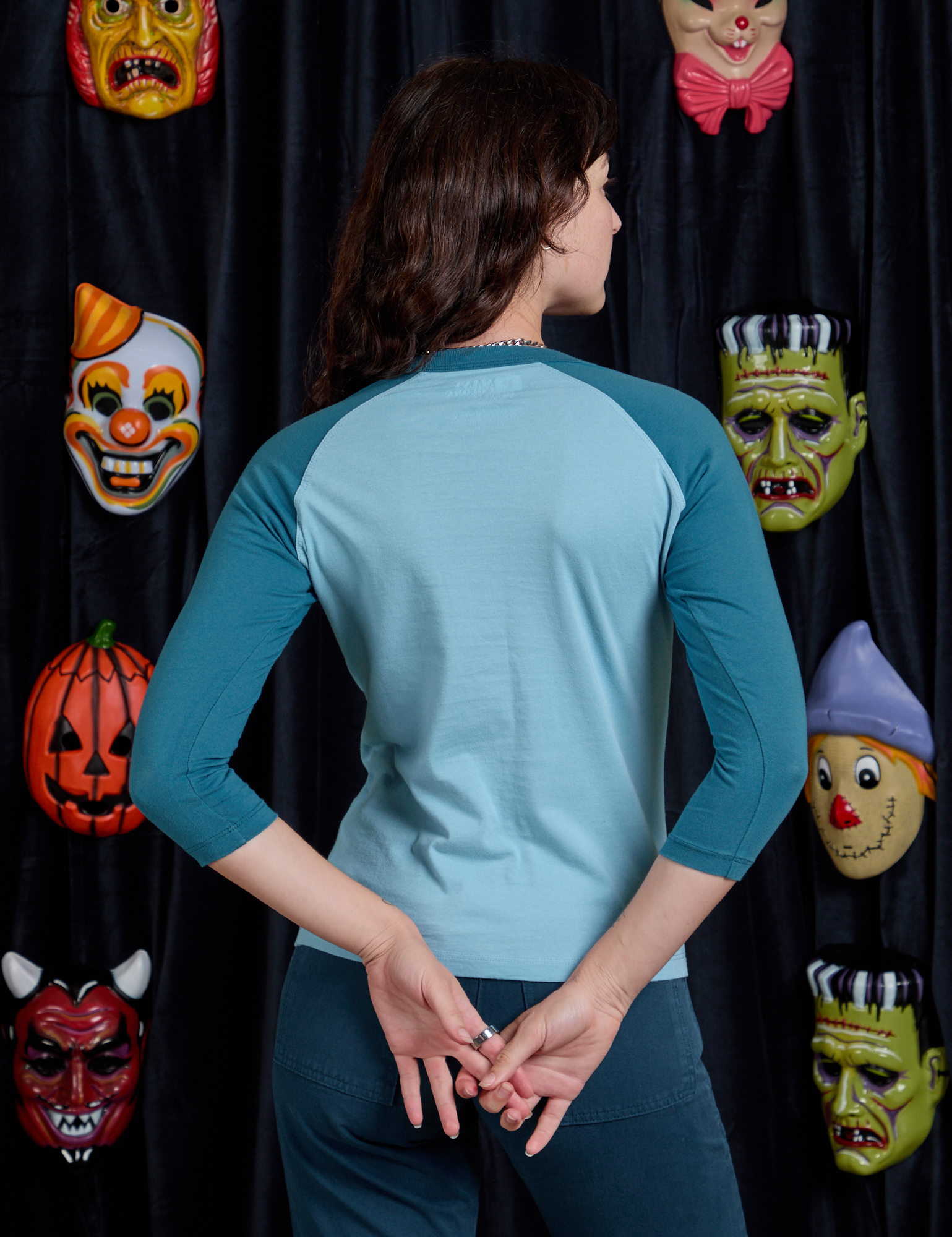 Raglan Tee in Haunted BBP back view on Alex
