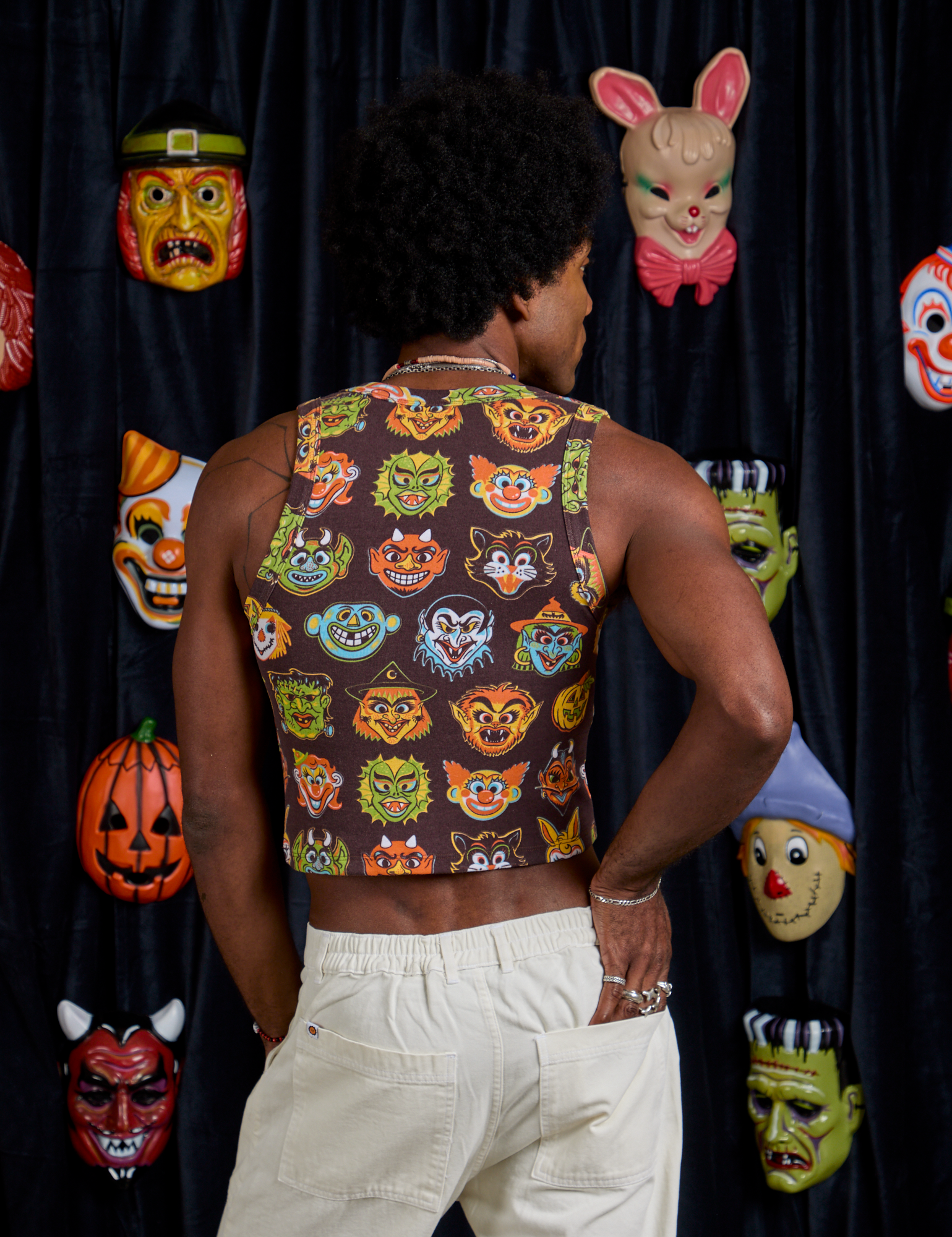 Cropped Tank Top in Halloween Masks back view on Jerrod