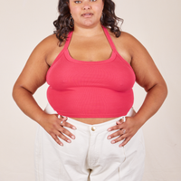 Alicia is 5'9" and wearing XL Halter Top in Hot Pink paired with vintage off-white Western Pants