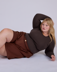 Pleated Trouser Shorts in Fudgesicle Brown and espresso Long Sleeve Baby Tee on Juliet
