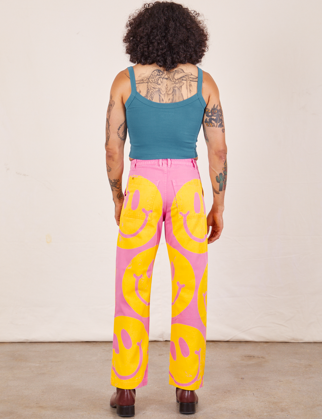 Back view of Icon Work Pants in Smilies and marine blue Cropped Cami