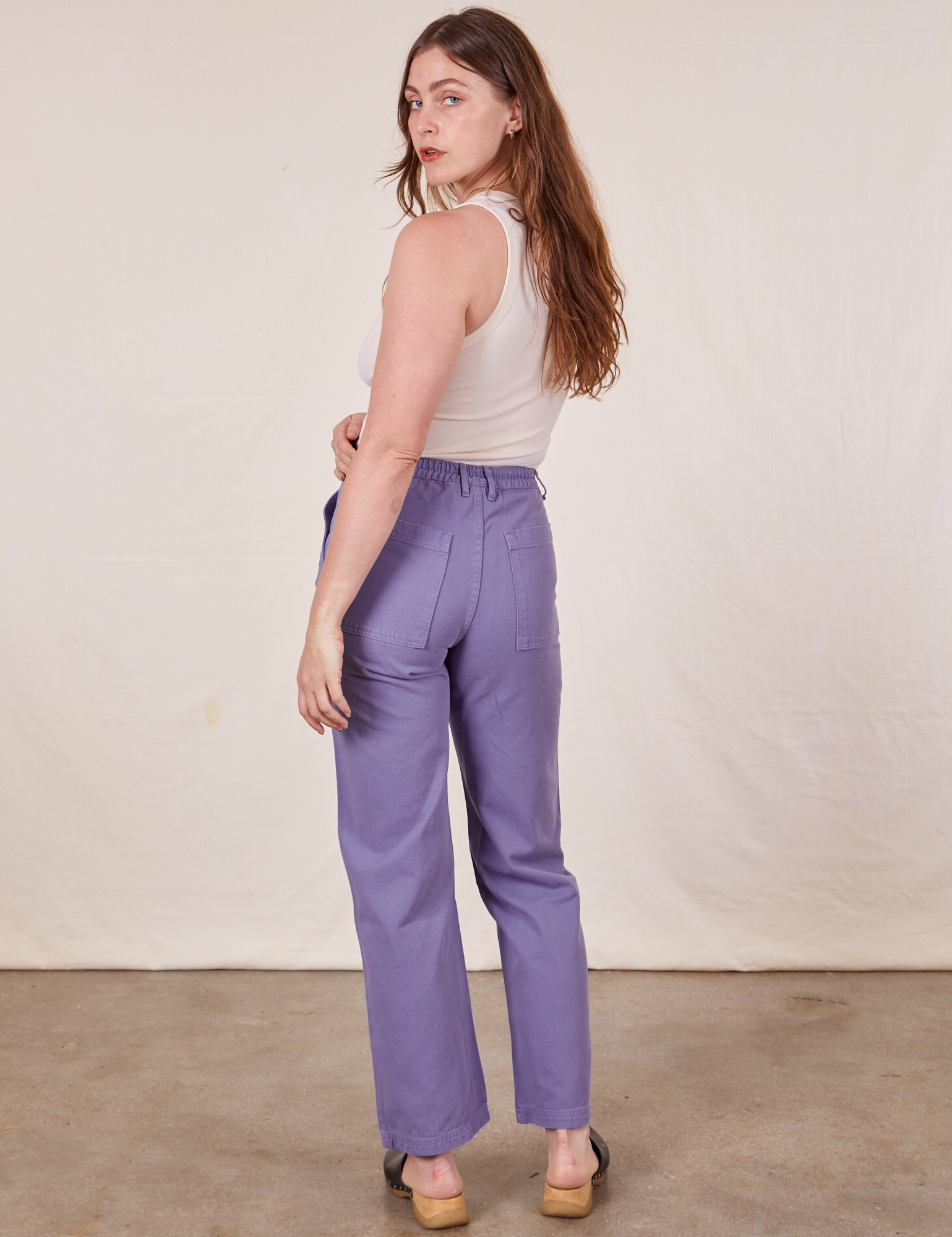 Work Pants in Faded Grape back view on Allison wearing vintage off-white Tank Top