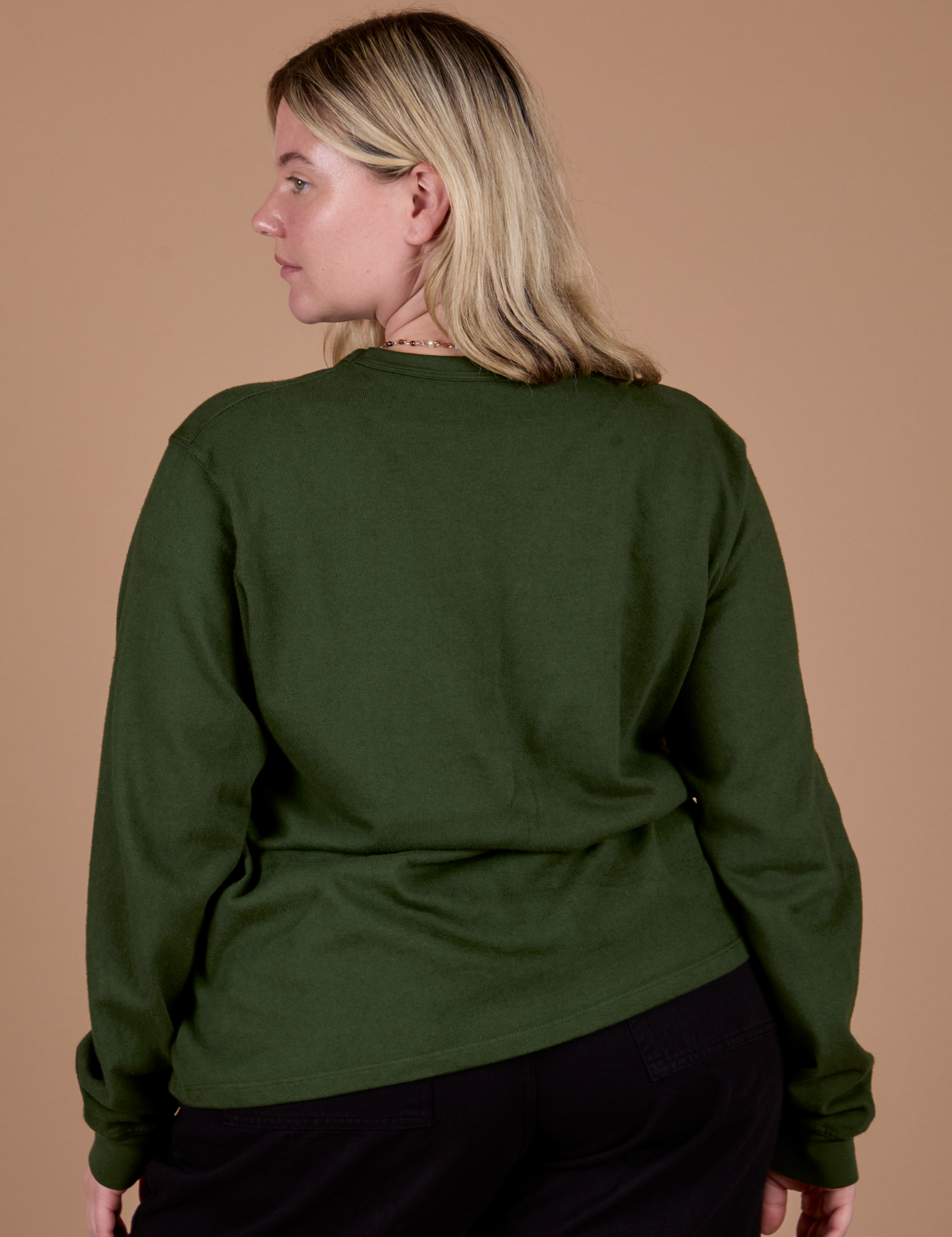 Long Sleeve Burly Tee in Evergreen back view on Lish