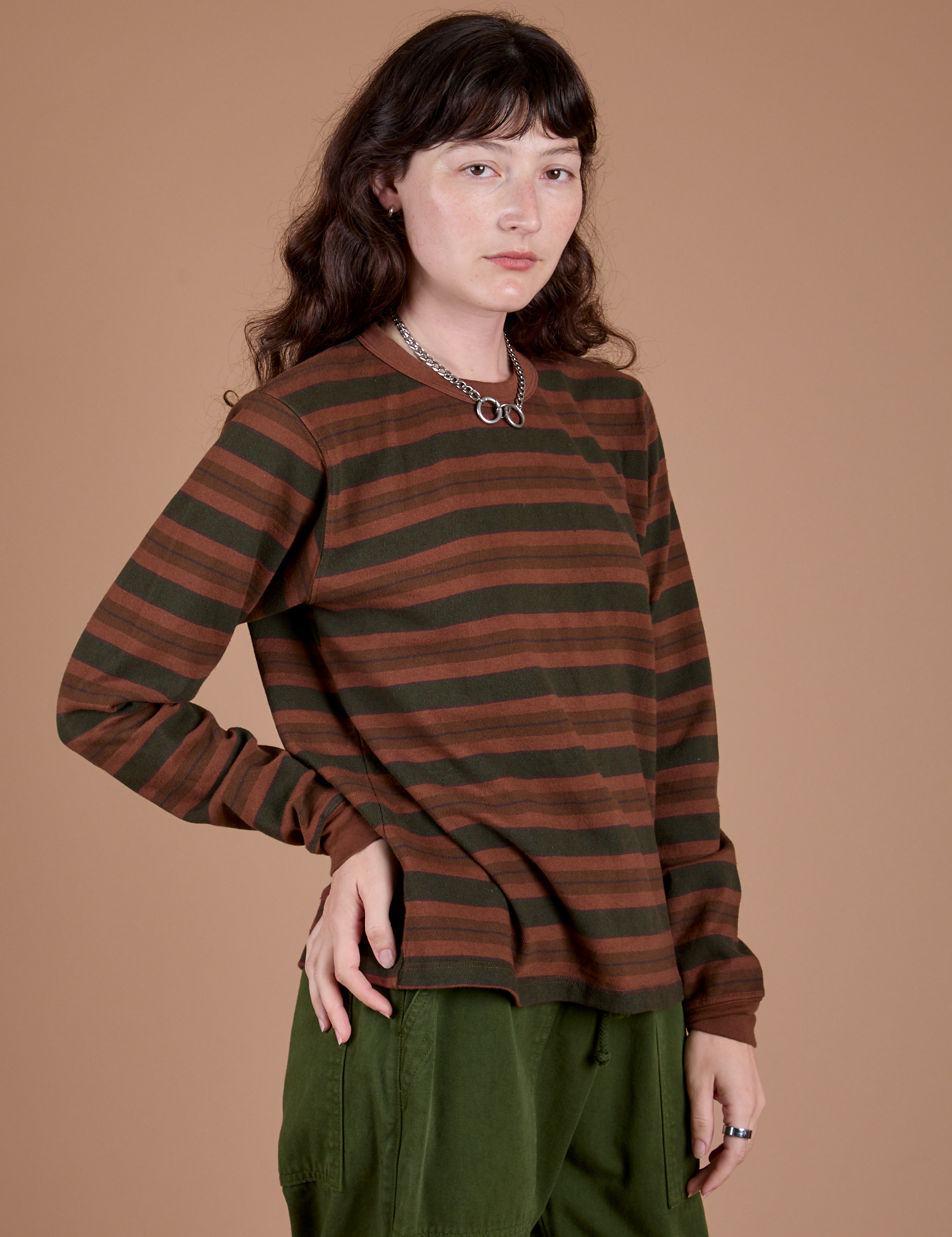 Long Sleeve Striped Burly Tee in Fudgesicle angled front view on Alex