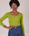 Cheyann is 5'11" and wearing XS Long Sleeve V-Neck Tee in Gross Green