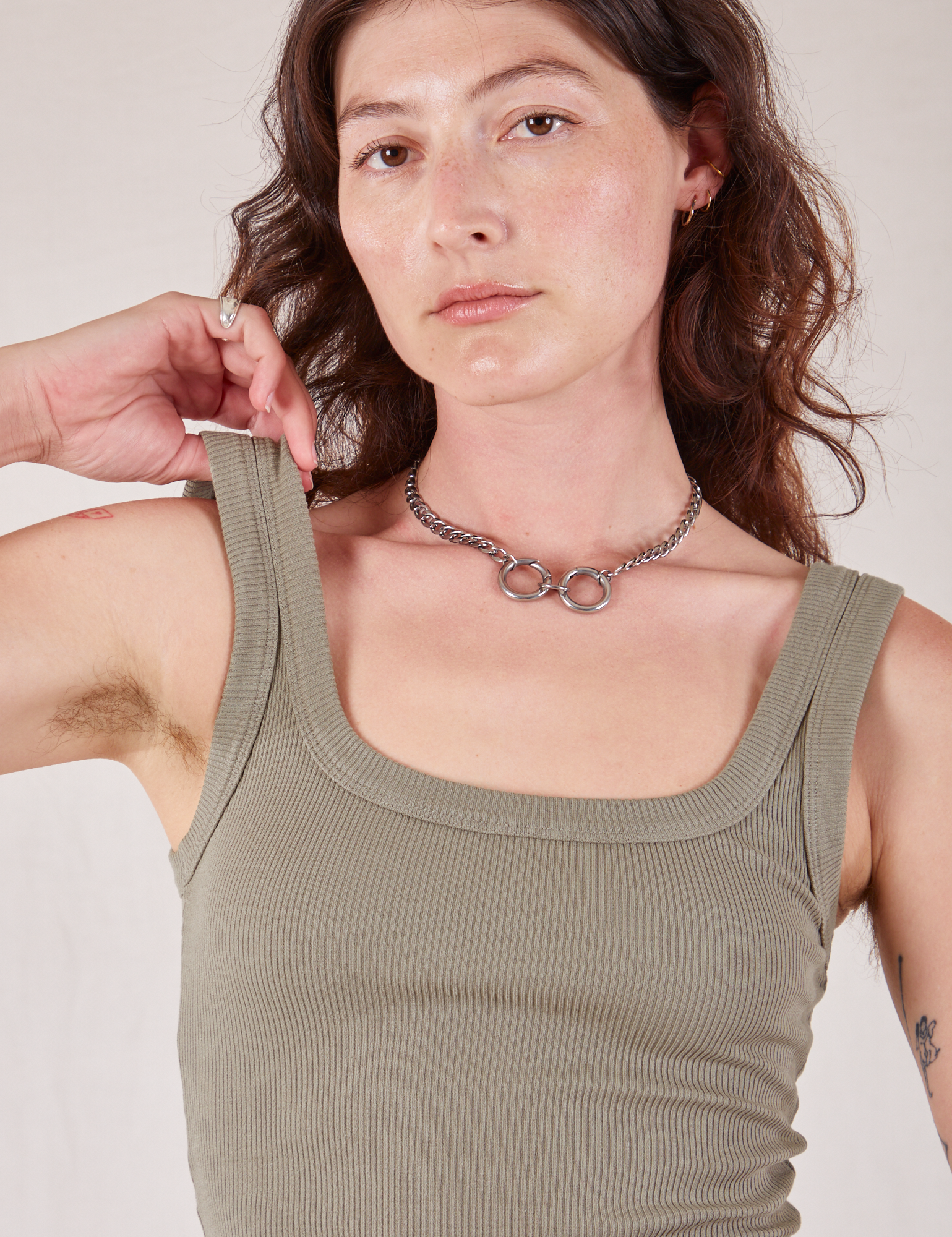 Square Neck Tank in Khaki Grey front close up on Alex