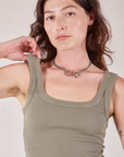 Square Neck Tank in Khaki Grey front close up on Alex