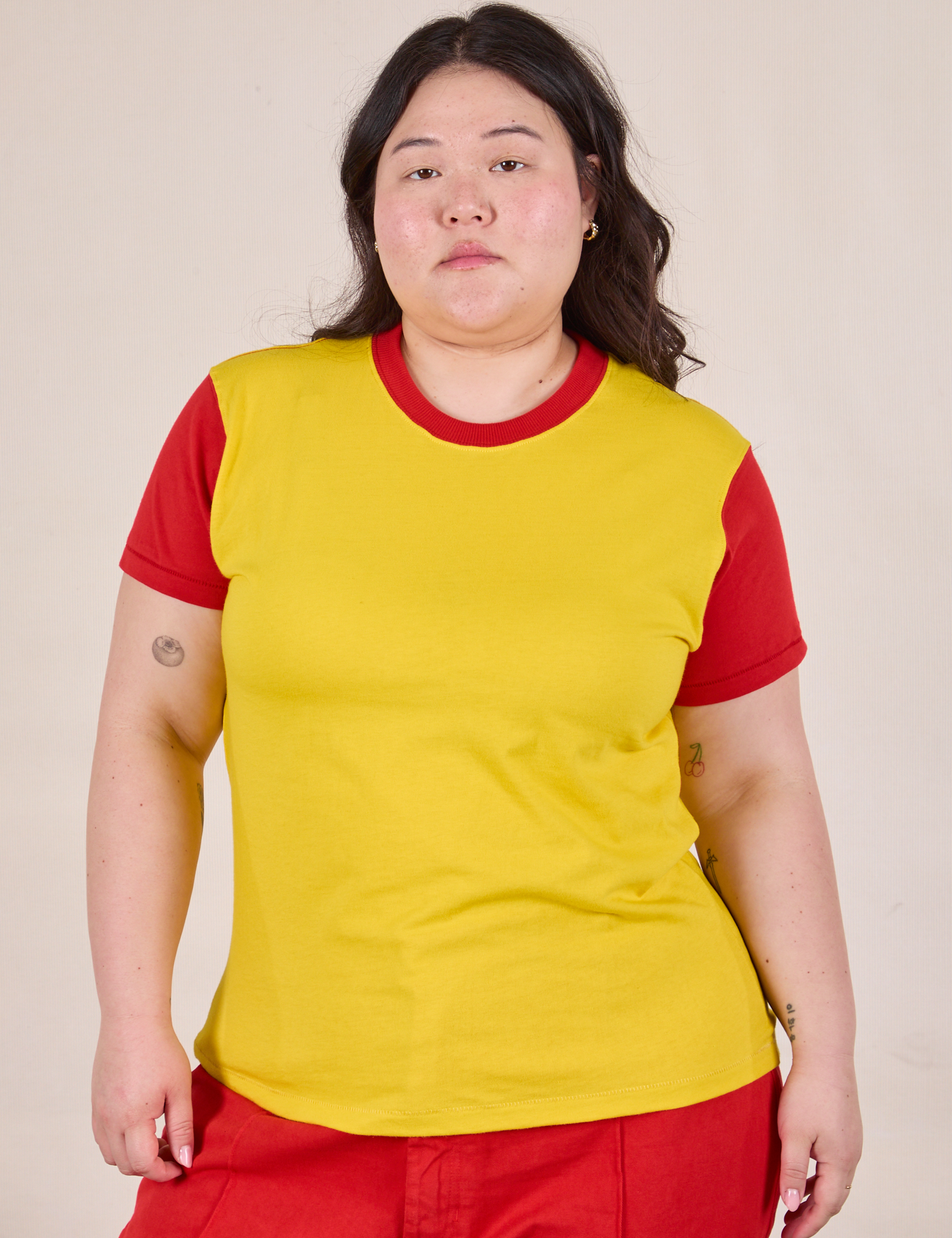 Mismatched Tee in Yellow &amp; Red worn by Ashley