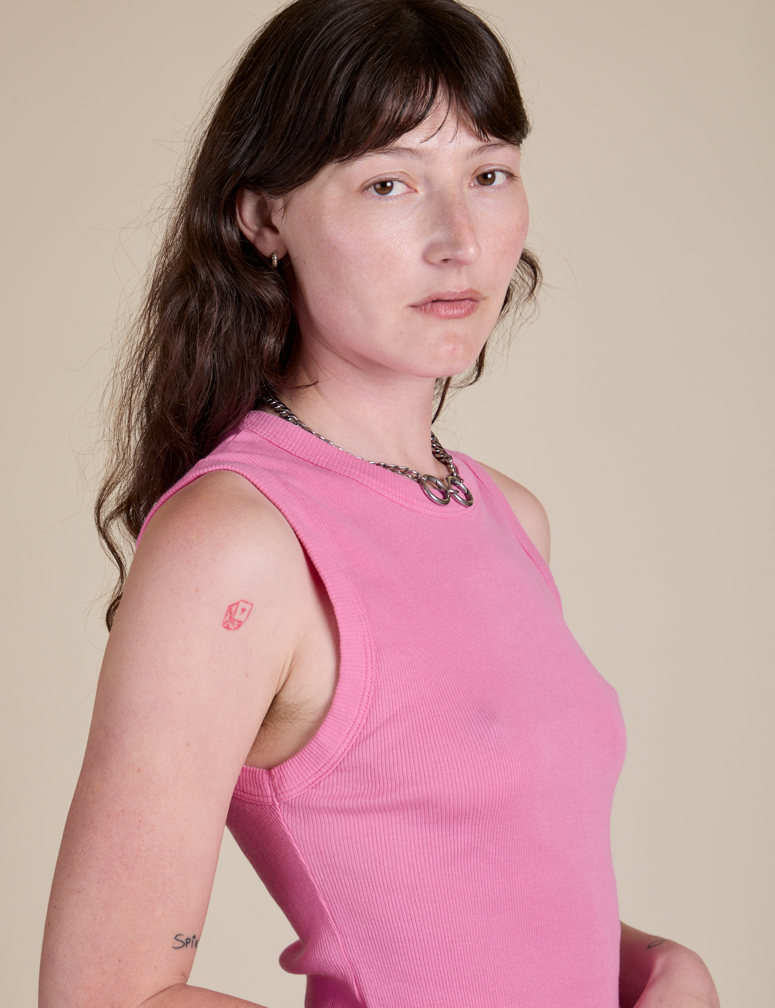 Side view close up of Muscle Tee in Bubblegum Pink on Alex