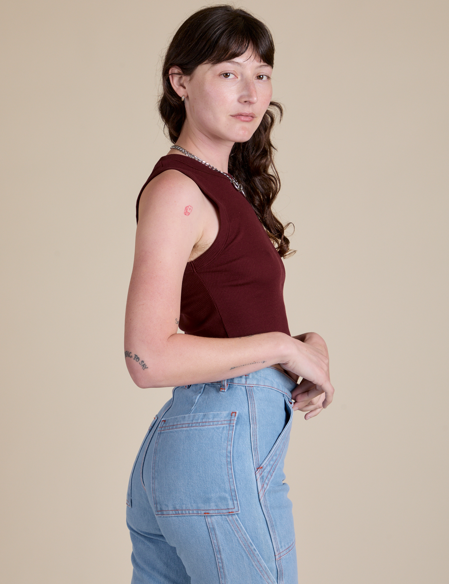 Muscle Tee in Red Wine side view on Alex