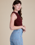 Muscle Tee in Red Wine side view on Alex