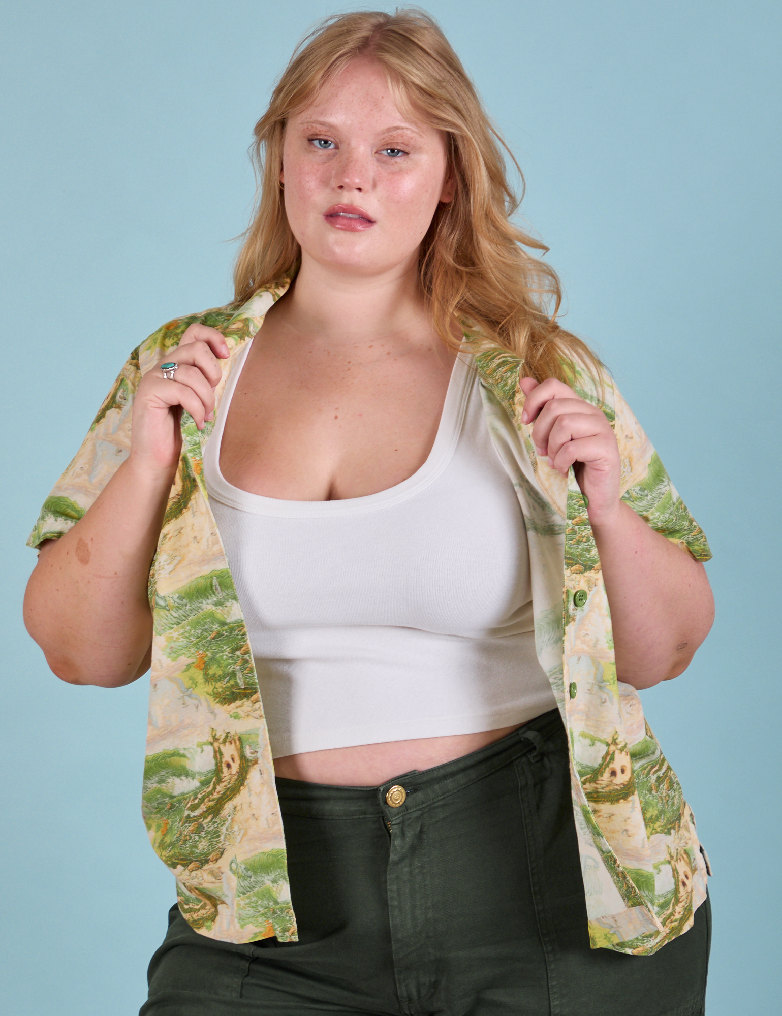 Juliet is wearing Pantry Button-Up in Ocean and Sky