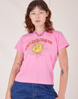 Alex is 5'8" and wearing P Sun Baby Organic Tee in Bubblegum Pink