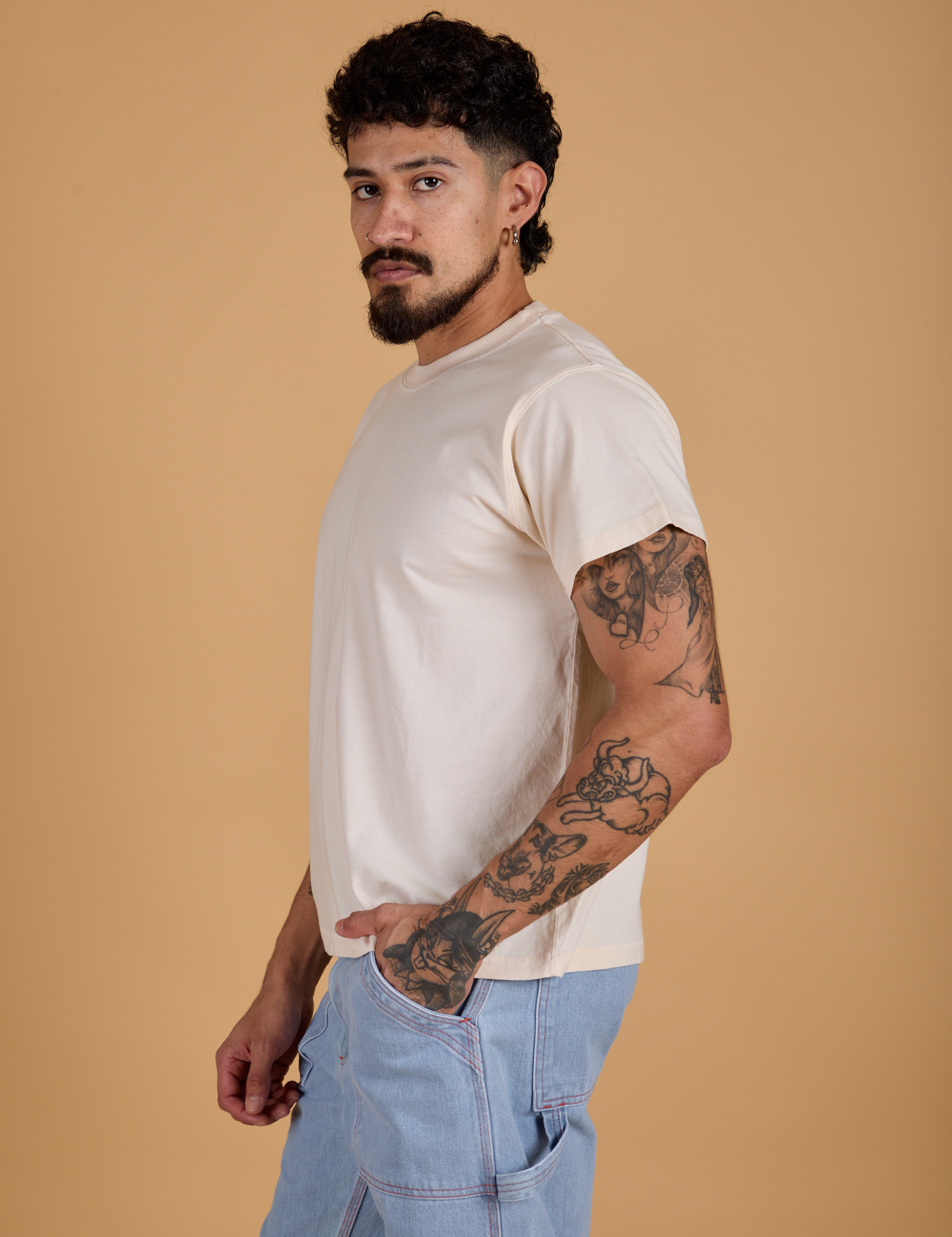 Organic Vintage Tee in Vintage Off White side view on Jesse