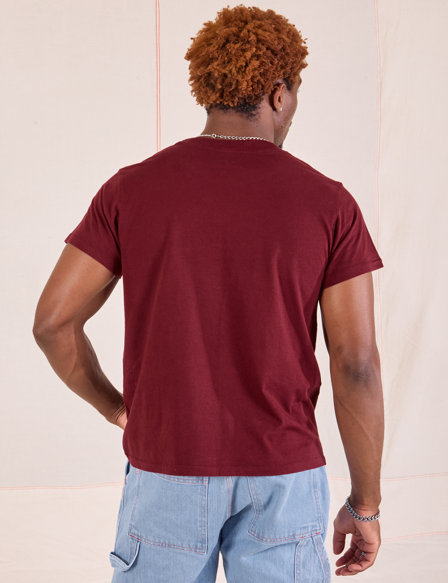 Organic Vintage Tee in Red Wine back view on Issac