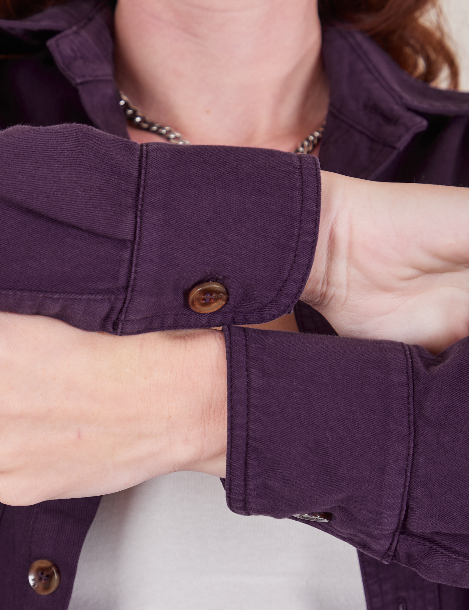 Oversize Overshirt in Nebula Purple sleeve cuff close up on Alex