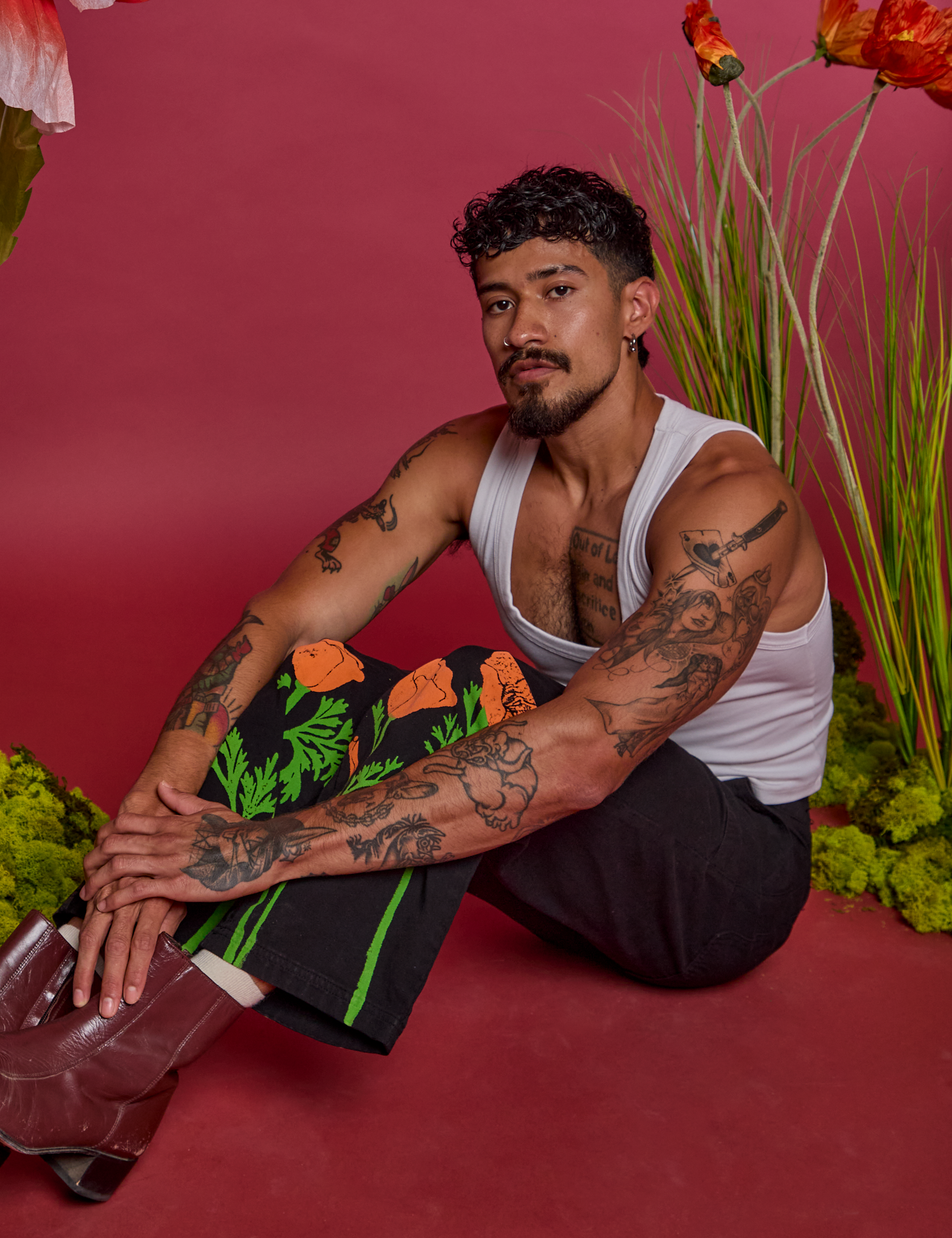 Paintstamped Work Pants in Poppy worn by Jesse