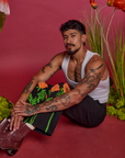 Paintstamped Work Pants in Poppy worn by Jesse