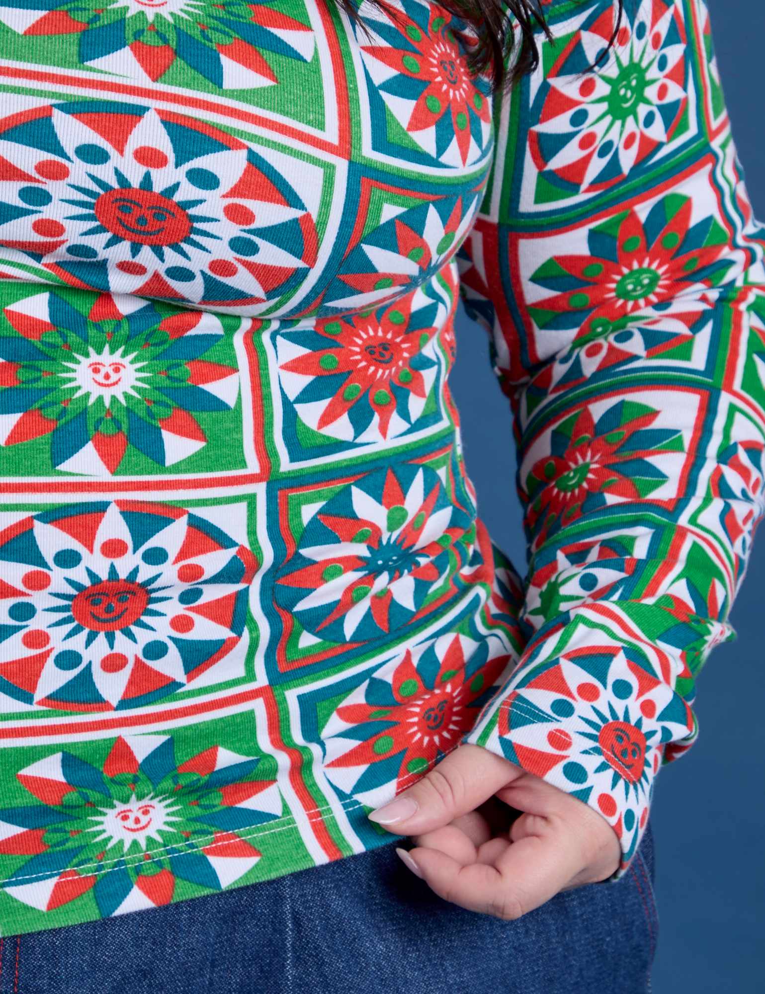 Long Sleeve Baby Tee in Quilt Print close up on Ashley