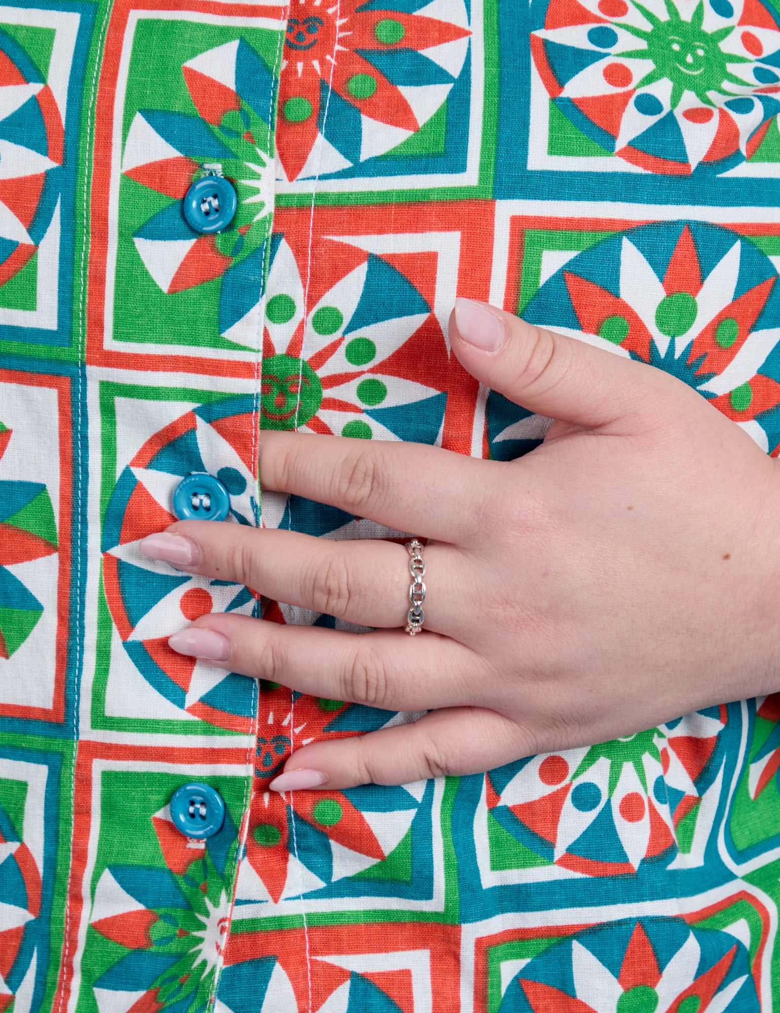 Quilt Print Pantry Button-Up close up on Ashley