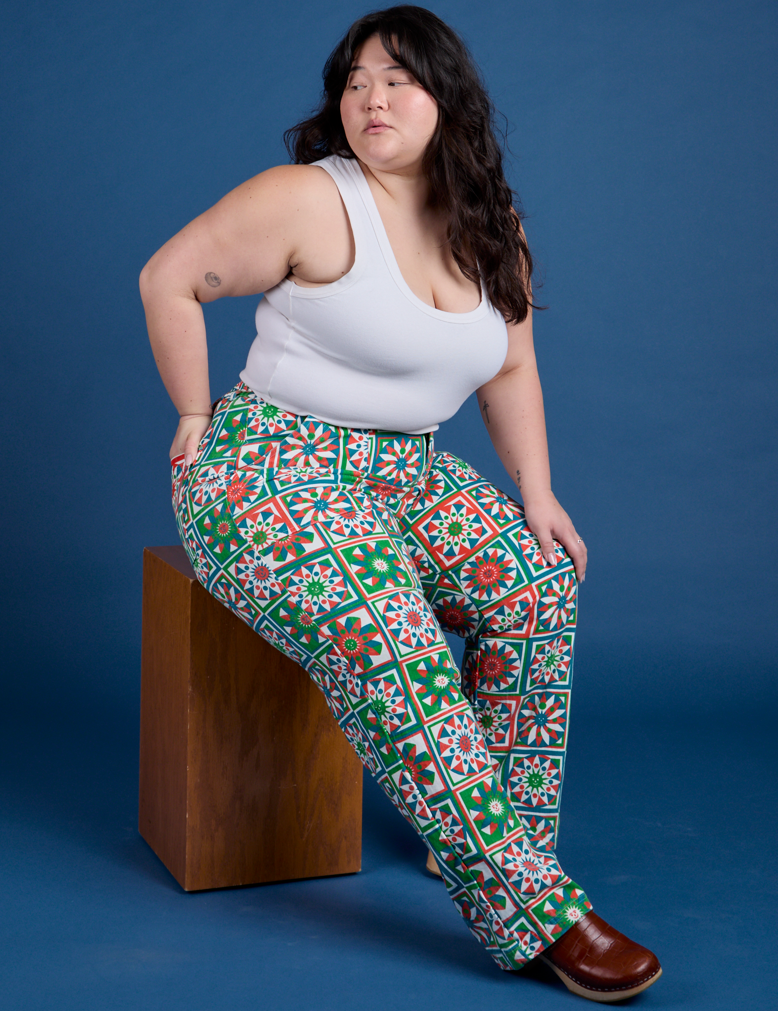 Ashley is wearing Work Pants in Quilt Print