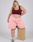 Longline Work Shorts in Baby Pink and Mini Tank in Red Wine on Juliet