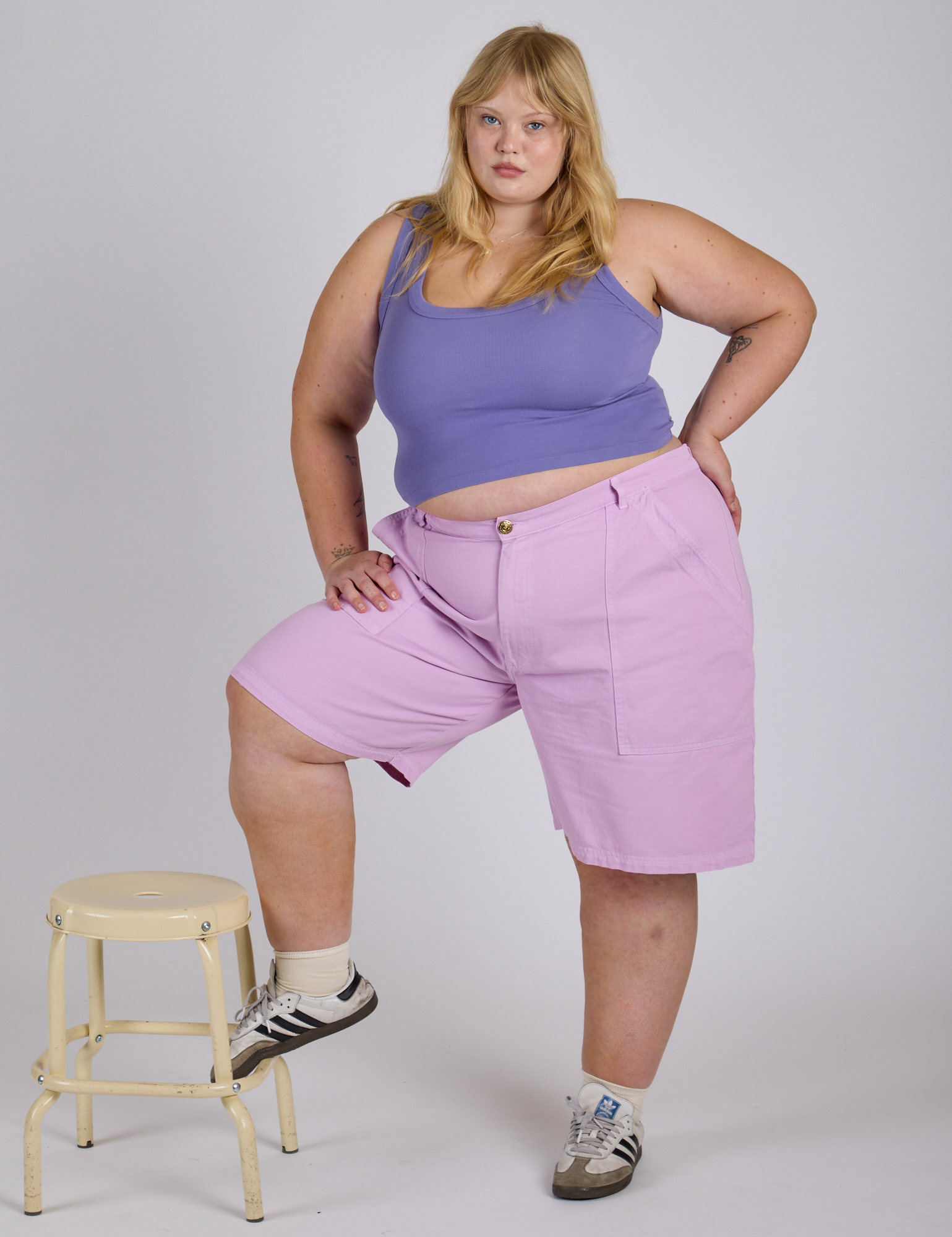 Longline Work Shorts in Lilac Purple and faded grape Cropped Tank on Juliet
