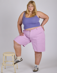 Longline Work Shorts in Lilac Purple and faded grape Cropped Tank on Juliet