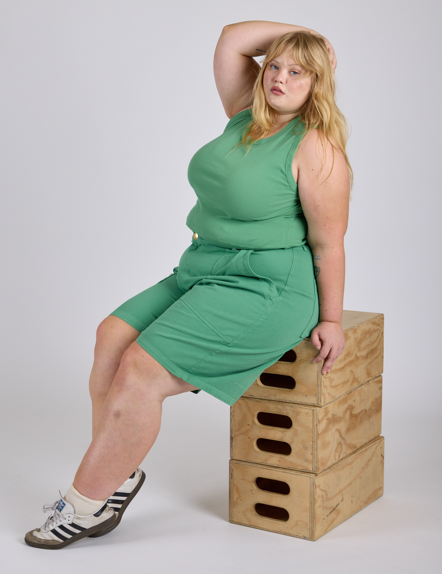 Longline Work Shorts in Seafoam Green and matching Muscle Tee worn by Juliet