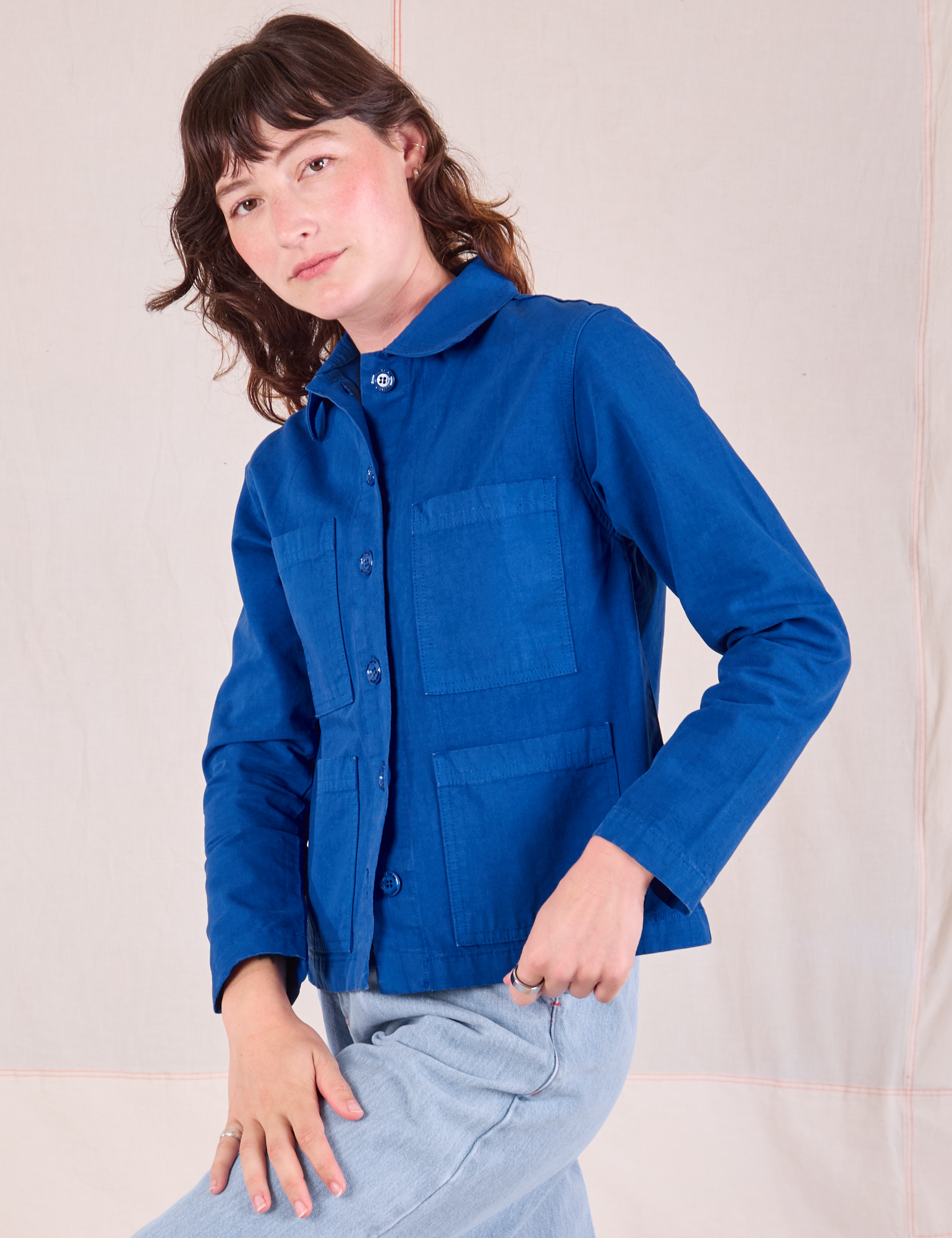 Ripstop Work Jacket in Royal Blue angled front view on Alex