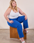 Juliet is wearing Work Pants in Royal Blue and Cropped Tank Top in Vintage Tee Off-White