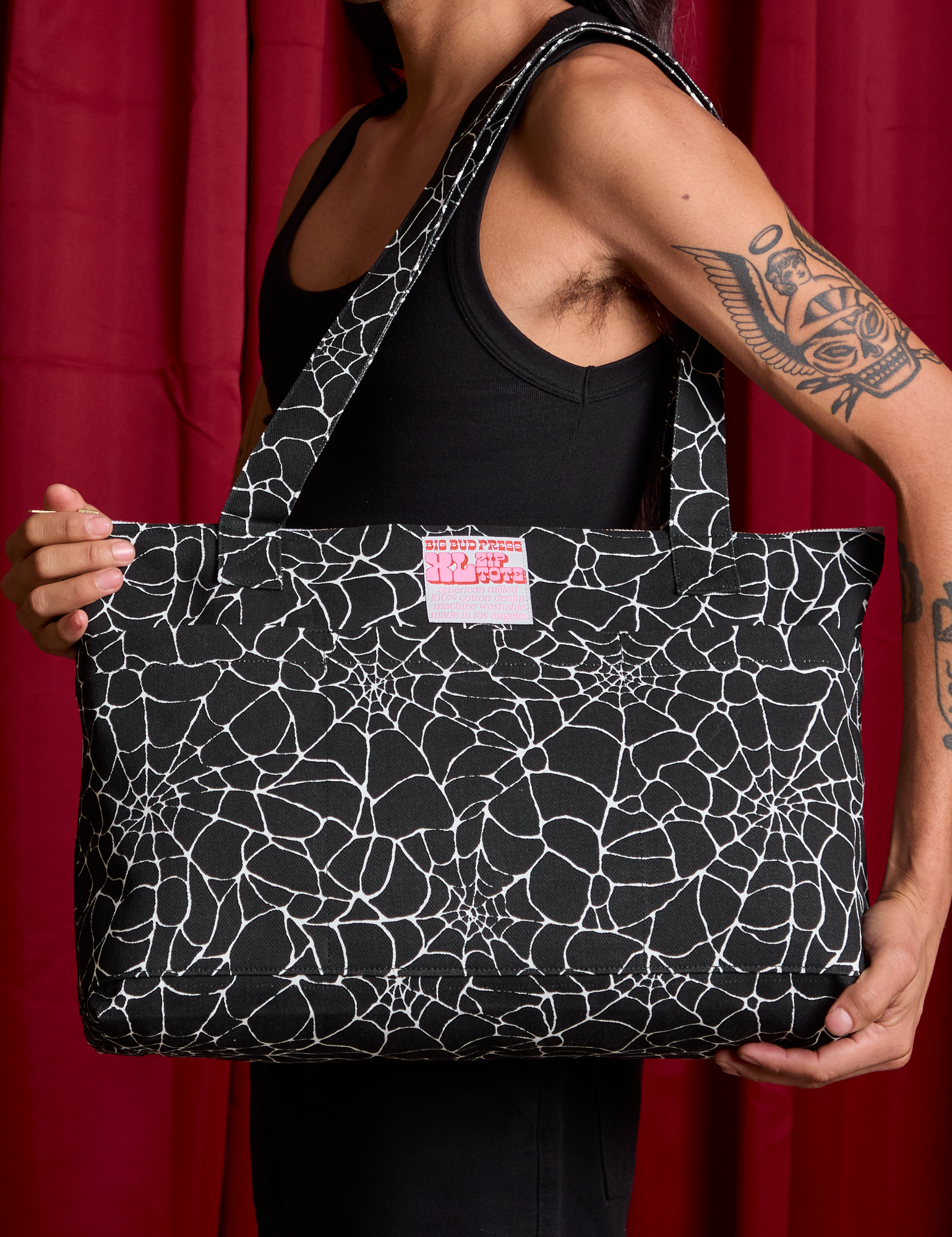 Spider Webs Printed XL Zip Tote worn over shoulder