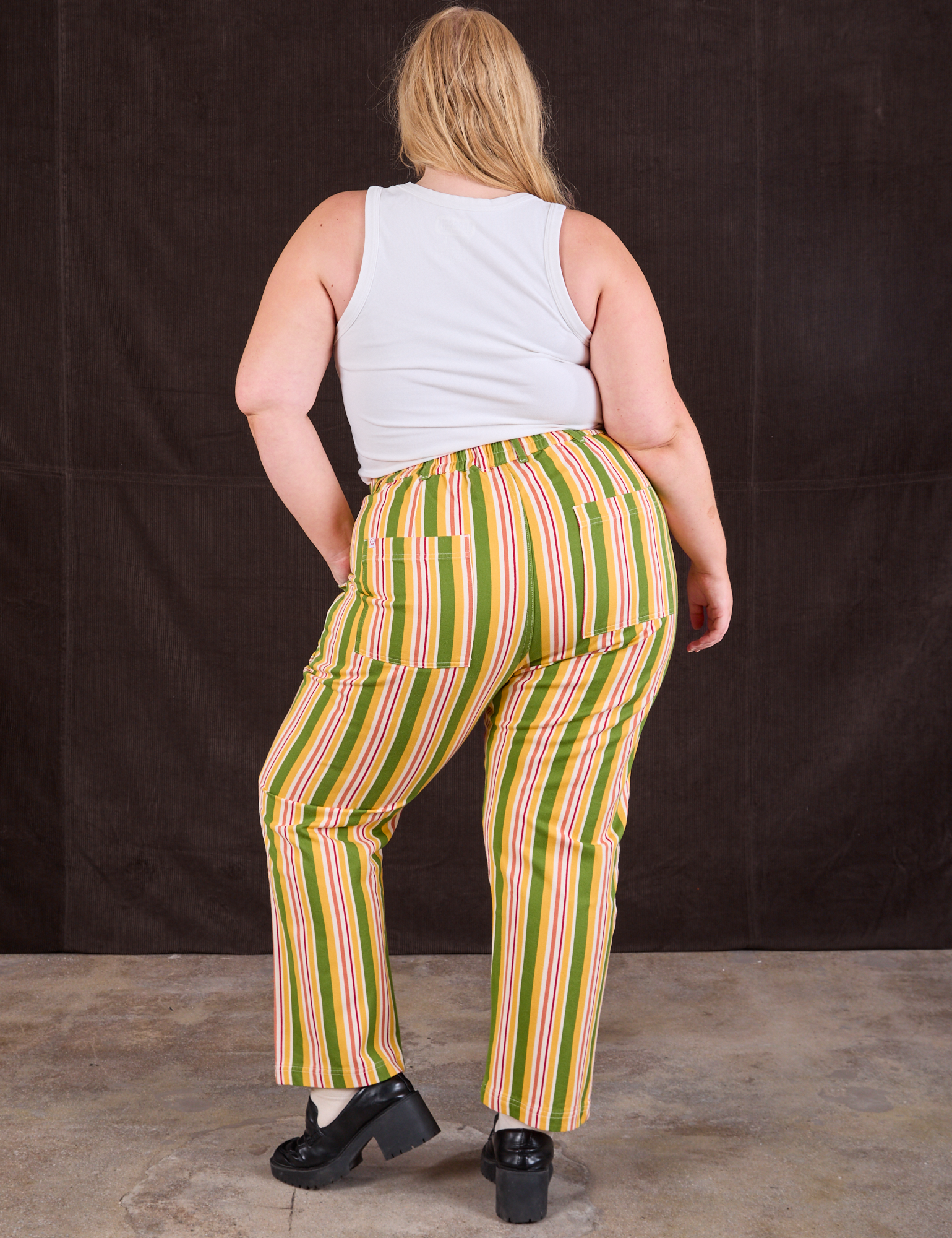 Back view of Stripe Work Pants in Vintage Sofa and Cropped Tank in vintage tee off-white on Juliet