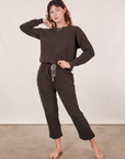 Alex is wearing Heavyweight Crew in Espresso Brown and matching Cropped Rolled Cuff Sweatpants