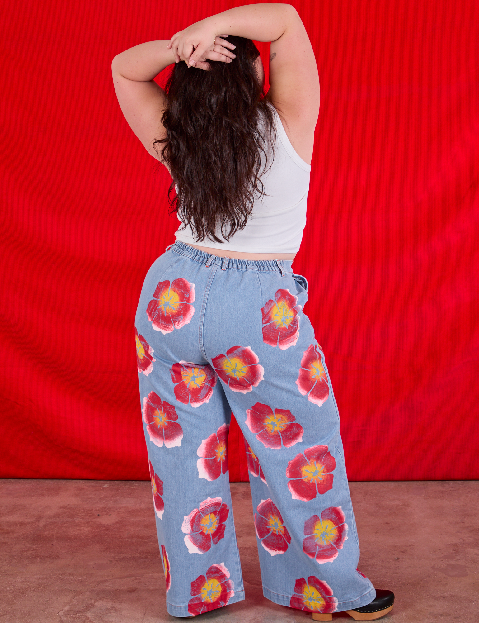 Back view of Wide Leg Denim Trousers in Painted Flowers on Ashley
