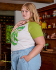 Short Sleeve Raglan Tee in Snap Peas side view on Juliet