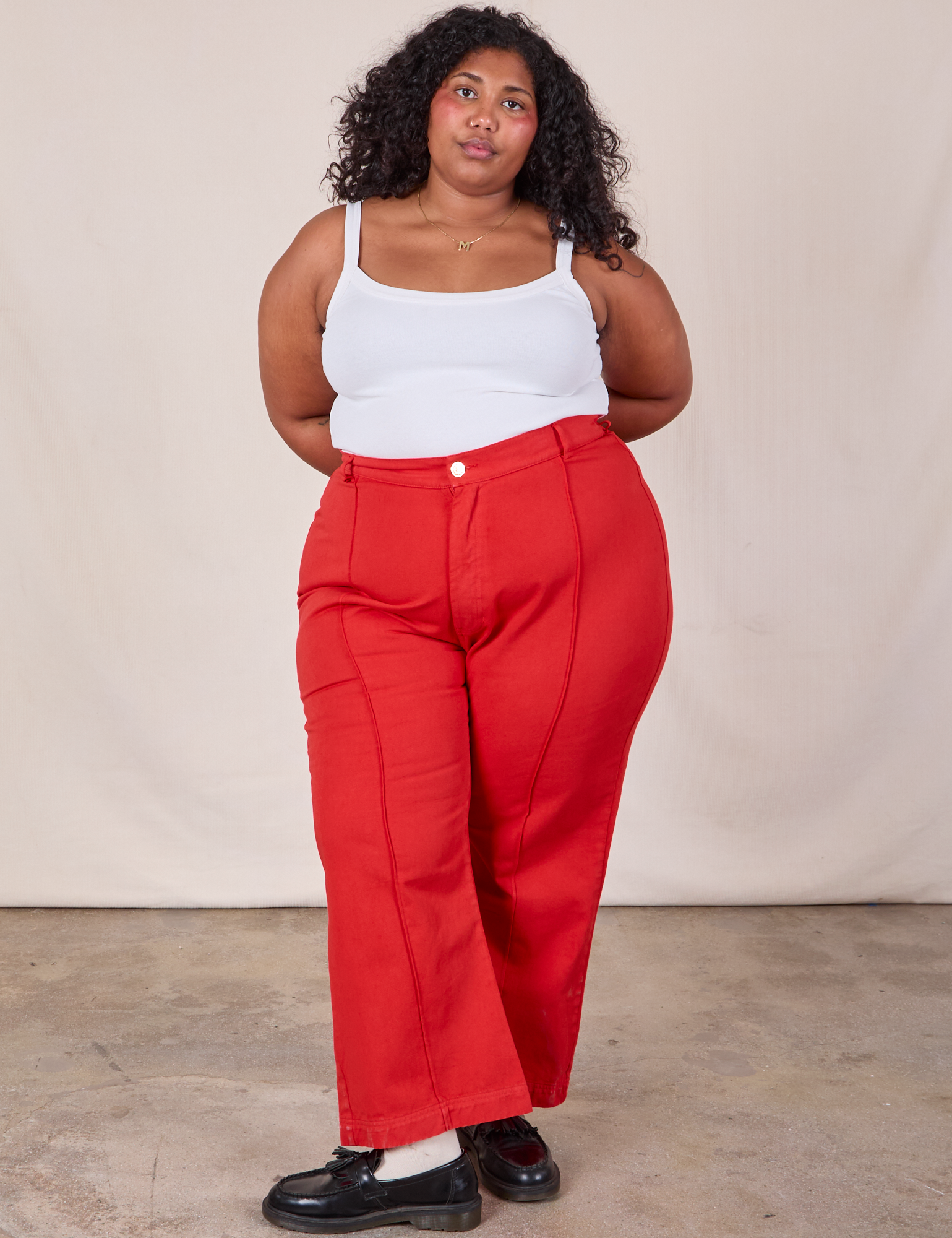 Western Pants in Mustang Red and Cropped Cami in Vintage Tee Off-White on Morgan