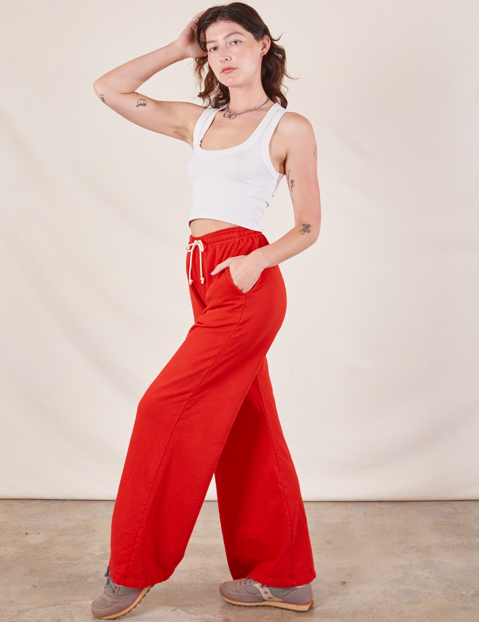 Wide Leg Sweat Pants in Mustang Red side view on Alex